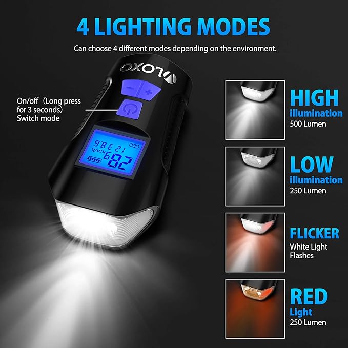 VLOXO Bike Speedometer with LED Bike Light, IP65 Waterproof Bicycle Odometer with Horn LED Front & Tail Light USB Rechargeable Bicycle Computer