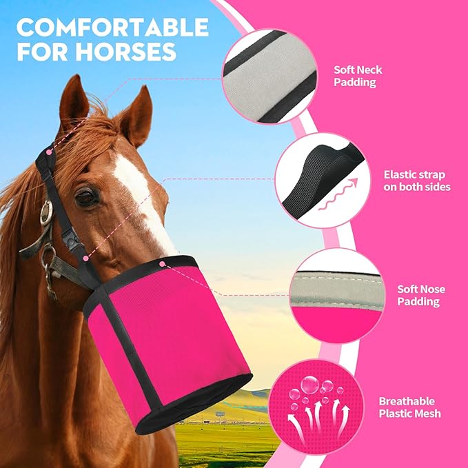 Horse Feed Bag 2 PCs, Breathable Mesh Feed Bags for Horses, Muzzle Feedbag for Feeding Grain, Anti-Spill Design Feeder, Soft Neck Pad Nose Pad, Universal Fit (2-Magenta)