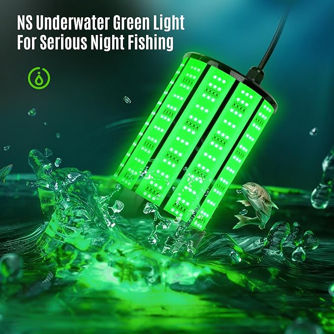 NS 120W 15,000ルーメン グリーン水中集魚灯、110V AC & 12V DCデュアル電源、LED水中ナイトドック＆ボートライト、クラッピー、池、カヤック用防水海水魚誘引キット