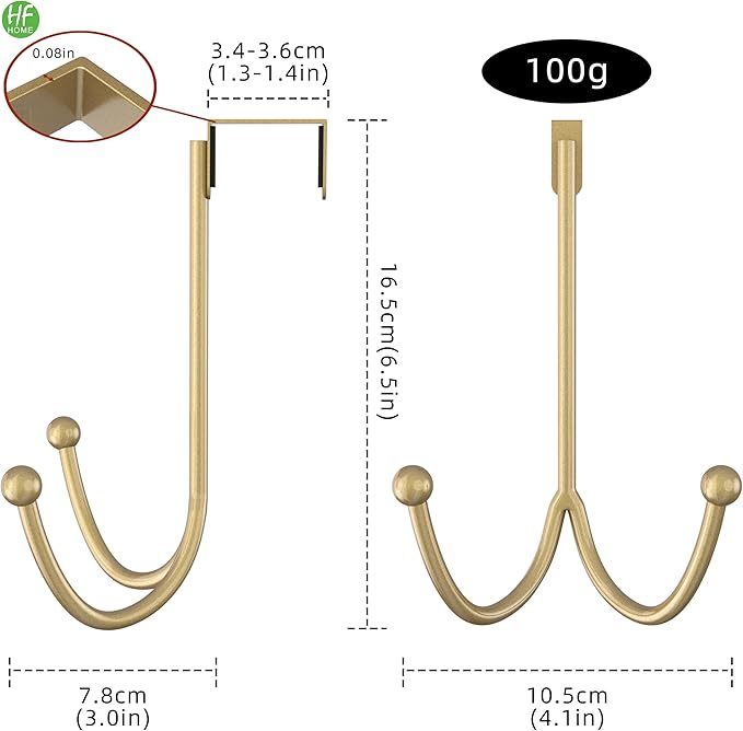 HFHOME 2Packs Over The Door Double Hanger Hooks, Metal Twin Hooks Organizer for Hanging Coats, Hats, Robes, Towels- Gold