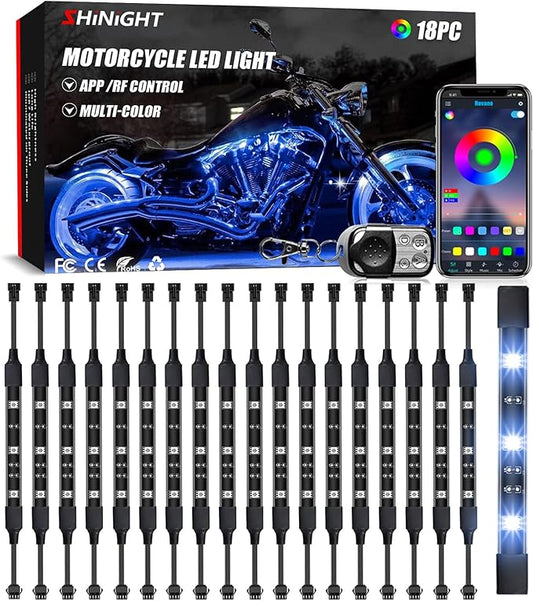 SHINIGHT 18 Pcs Motorcycle LED Light Kits, App Control Multicolor Waterproof Motorcycle LED Strip Lights with RF Remote, Music Sync & Multiple Scene Modes RGB LED Lights for Motorcycles