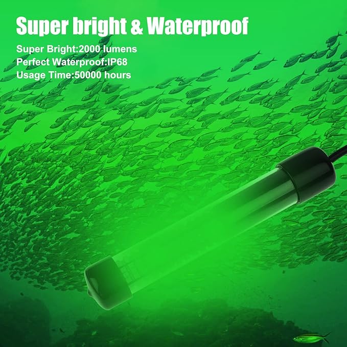 Linkstyle 12V Submersible Fishing Light, 2000LM Underwater Green Fish Attractants Lamp with 5M Cord for Boat Night Fishing