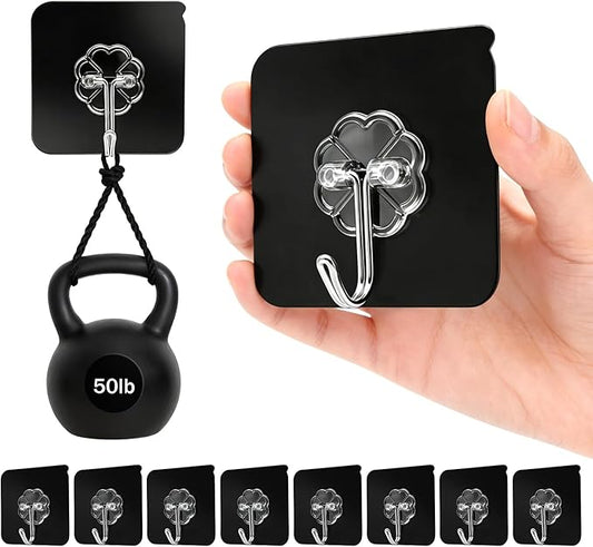 DDMY Heavy Duty Adhesive Hooks for Hanging 50lb(Max) Black Wall Hooks with Strong Sticky,No Damage Removable Hook Waterproof & Reusable for Bathroom, Kitchen, Shower, Outdoor Decor -8 Pack