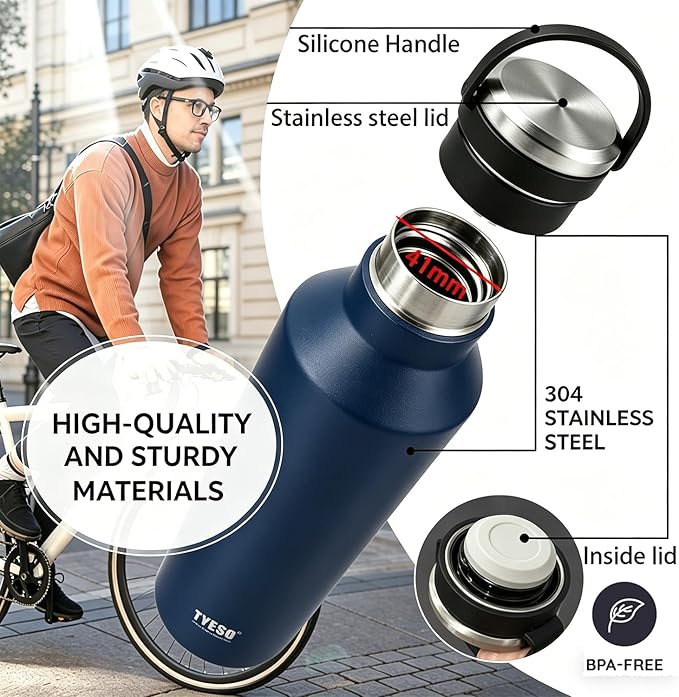 TYESO Stainless Steel Vacuum Insulated Water Bottle, Insulated Water Bottle with Soft Silicone Carry Handle (BLUE, 25 OZ)