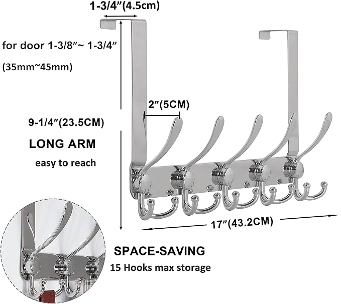 Dseap Over The Door Hook Hanger - Fits 1 3/8" to 1 3/4" Standard Doors | 5 Tri Hooks Heavy Duty Towel/Coat Rack | Door Organizer for Clothes, Jackets, Hats, Towels, Chromed, Pack of 2