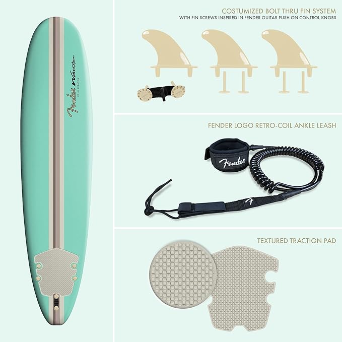 Fender x Wavestorm Collaboration 8ft Surfboard | Graphic top Deck with high Density Slick Bottom | for Kids and Adults | Foam Construction with Accessories | Leg Leash and Fin Set Included