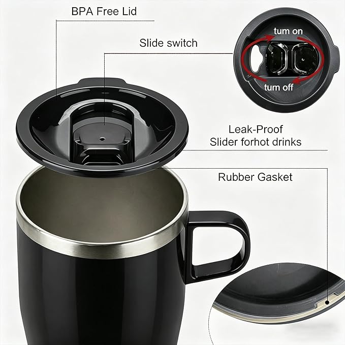 TYESO Coffee Mug,Insulated Tumbler with Lid,Vacuum Insulated Mug Double Wall Stainless Steel Office Tumbler Cup (Black, 13 oz)