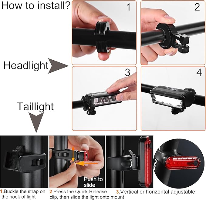 Bike Light Set for Night Riding,Bright Rechargeable Bicycle Headlight Set High Beam Low Beam,USB LED Bicycle Light,Waterproof Bike Headlight and Taillight for Adult Kid Mountain