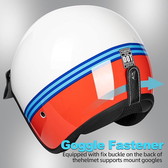 Yesmotor 3/4 Open Face Retro Motorcycle Helmet Vintage Helmet for Motorbike Casco, Moped, Cruiser, Bobber, and Chopper - DOT Approved(Red and Blue Stripes,2XL)