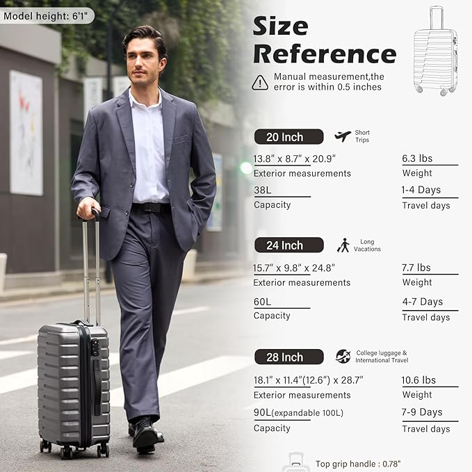 Coolife Carry On Luggage Airline Approved with Spinner Wheels, Hard Shell Suitcase TSA Lock Lightweight Travel Luggage 20-inch,Gray