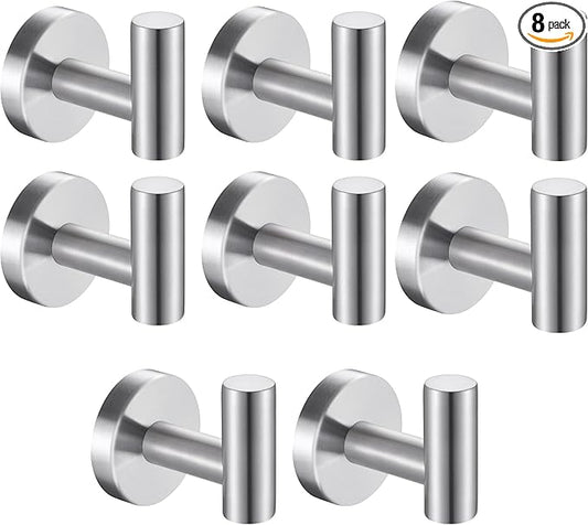 8 Pcs Silver Bathroom Towel Hook Robe Towel Hooks Coat Wall Hook Stainless Steel Heavy Duty Door Hanger Towel Robe Clothes Cabinet Closet Sponges Hook for Bathroom Bedroom Kitchen Hotel Pool