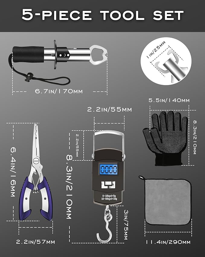 Fishing Tool Kit - Fishing Pliers, Hook Remover, Fish Gripper，Fish Scale, Fish Knife, Saltwater Fishing Gear with Sharpeners, Best Gifts for Men