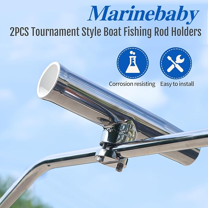 2PCS Tournament Style Boat Fishing Rod Holders, 316 Stainless Steel Clamp on 7/8" to 1" Rail, 360 Adjustable Fishing Rod Holder