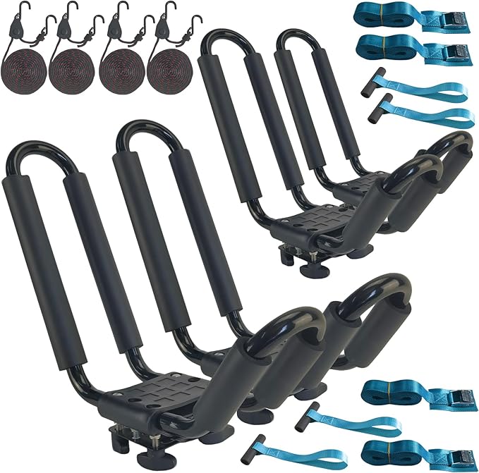 2 Pairs Heavy Duty Kayak Rack-Includes 4 Pcs Ratchet Tie-Mount on Car Roof Top Crossbar-Easy to Carry Kayak Canoe Boat Surf Ski (J-Bar Rack)