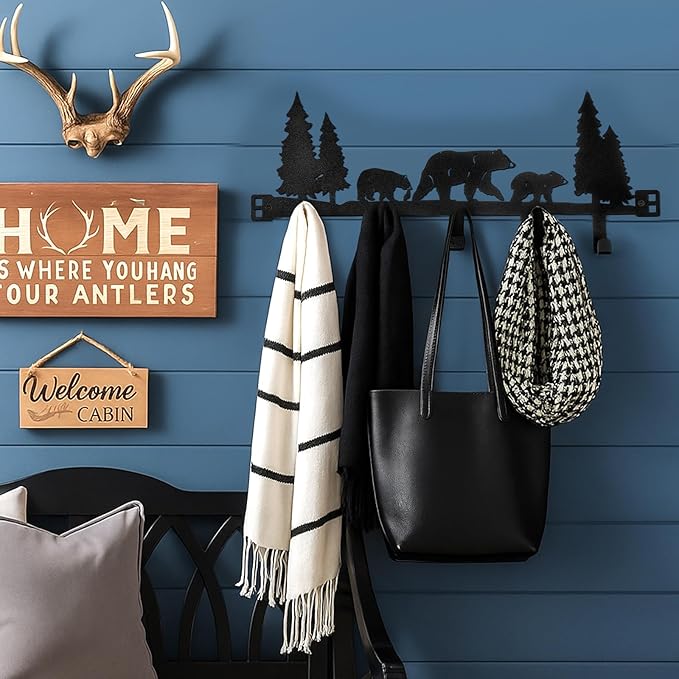 Cabin Bear Over The Door Hooks Hanger Wall Mount Towel Hanger Door Holder Organizer 5 Hooks Kawaii Farmhouse Rustic Coquettish Style Decor for Bedroom Bathroom Towel Hat Clothes