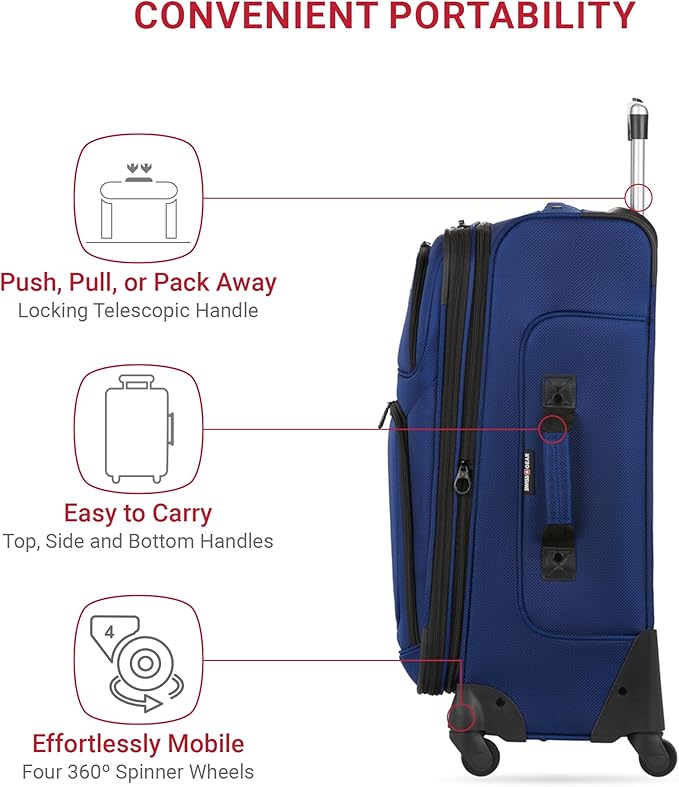 SwissGear Sion Softside Expandable Luggage – Medium Checked Suitcase with 360 Degree Wheels & Retractable Handle – 25 Inch, Perfect for 1-7 Night Trips – Blue