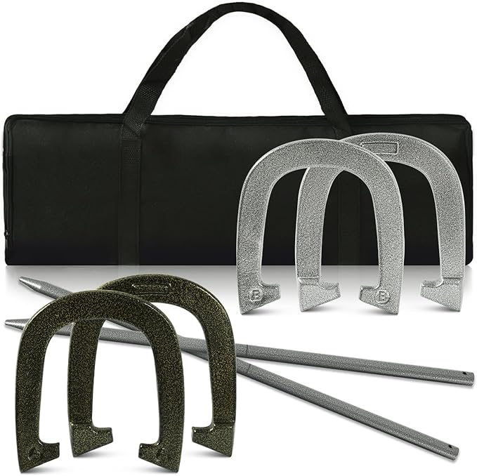 Horseshoes Outside Game - Steel Horseshoe Set - Yard Game Kit with 4 Heavy Duty Horseshoes, 2 Solid 24" Stakes & Carrying Bag - Classic Lawn Games for Adults, Backyard, Camping