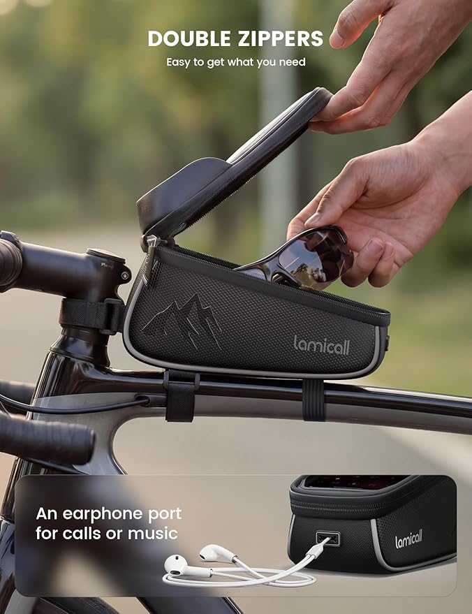Lamicall Bike Frame Bag Waterproof - [1.6L Large Capacity] Bike Phone Bag, Bike Phone Holder Mount, Bicycle Front Bag, Cycling Pouch with Rain Cover, Bike Accessories for Phones Under 7"