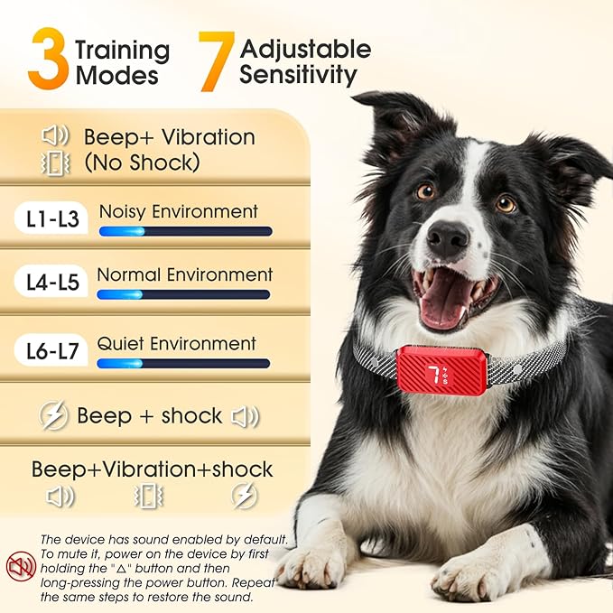 Dog Bark Collar for Large Medium Small Dogs, Effective No-Bark Collar, Smart Barking Collar, Rechargeable Bark Collar with 7 Sensitivity, 3 Modes, Waterproof,Red