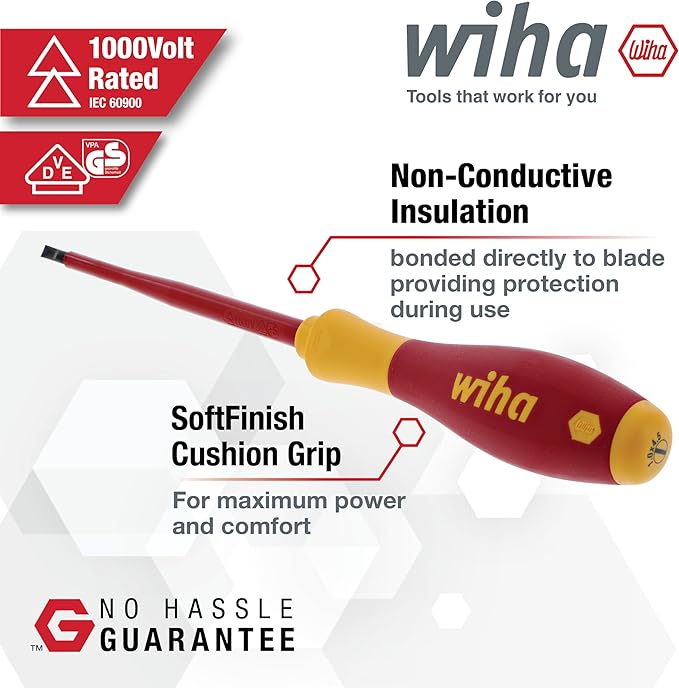 Wiha 32093 Slotted and Phillips Insulated Screwdriver Set, 1000V, 10-Piece, Slotted 2.0–6.5mm, Phillips #0–#3