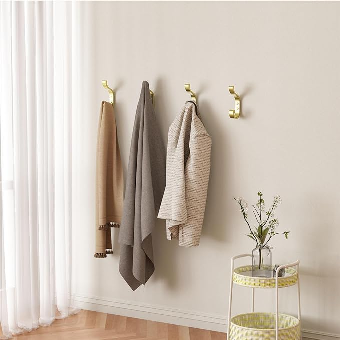Large Wall Hooks for Hanging Coats: Heavy Duty Wall-Mount Hanger (Hold 30 LB), Mudroom Hooks for Clothes, Backpack, Purse, Bathroom Towel (Gold, 4 Pack)