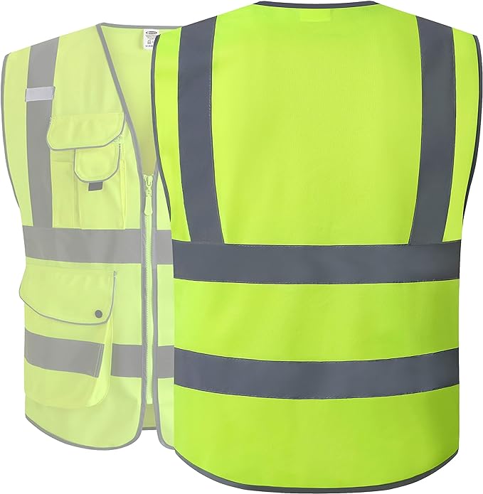 JKSafety 9 Pockets Class 2 High Visibility Zipper Front Safety Vest With Reflective Strips, Yellow Meets ANSI/ISEA Standards (3X-Large-150-Yellow)