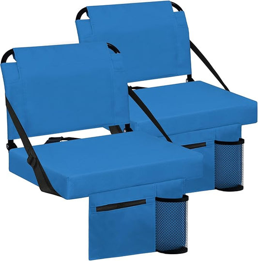 Stadium Seats for Bleachers 2 Pack w/Back Support Bleacher Seat Soft Cushion Light Weight Includes Shoulder Strap & Cup Holder, Front & Back Zipper Pocket, Suitable for Sports Events,Blue