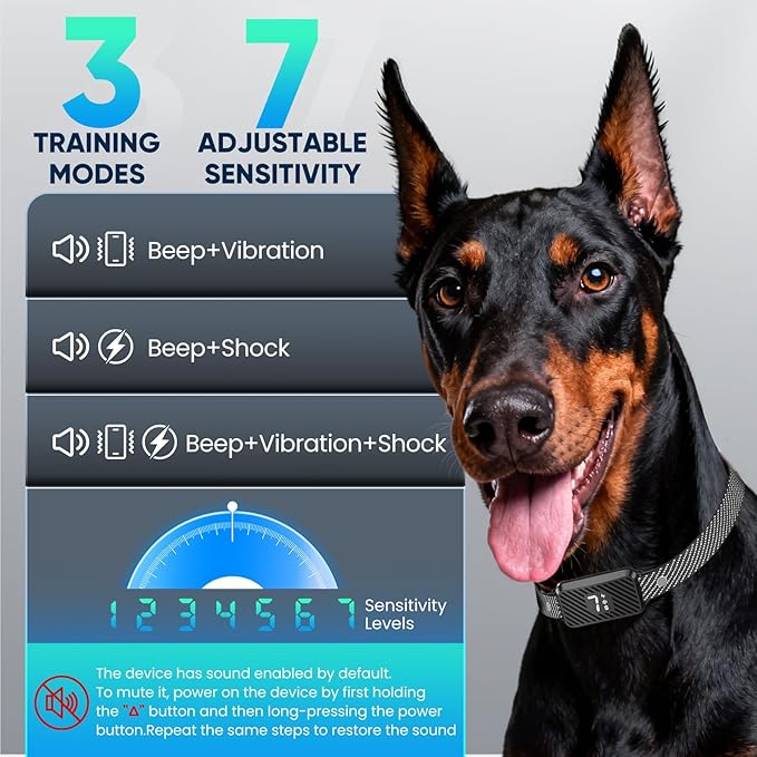 Dog Bark Collar for Large Medium Small Dogs, Effective No-Bark Collar, Smart Barking Collar, Rechargeable Bark Collar with 7 Sensitivity, 3 Modes, IP67 Waterproof, Blue+Black, 2 Pack