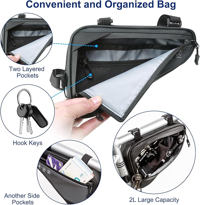2L Bike Frame Storage Bag with Water Resistant Reflective ,Bike Tire Repair Tool Kit,Mini Bike Pump,16 in 1 Multitool & Bicycle Tyre Lever Patch Repair Tool Accessories Set for Mountain Road Bike, MTB