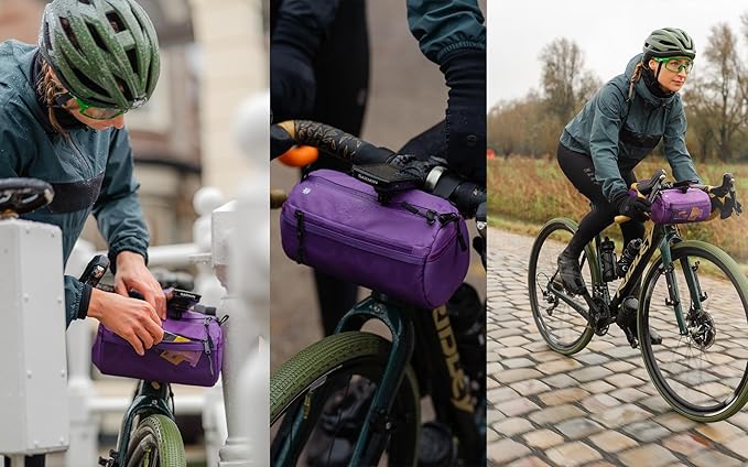 Lumiere & Co. Bike Handlebar Bag - Durable, Multiple Size and Color Options - Dual Elastic Straps, Clips & Hook-and-Loop for Customizable Fit (Purple, Large)