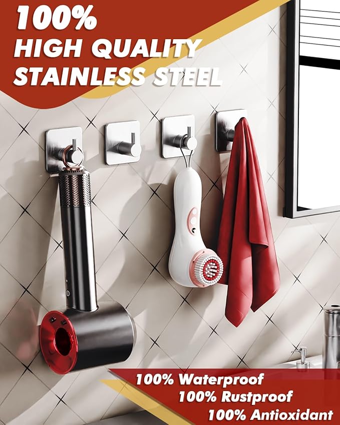 Auxmir Adhesive Hooks Heavy Duty 22lb(Max) Towel Hooks for Shower, 5 Pack Self Adhesive Damage Free Wall Hooks, Stainless Steel for Coat Robe, Waterproof Oilproof Rustproof for Bathroom Kitchen Office