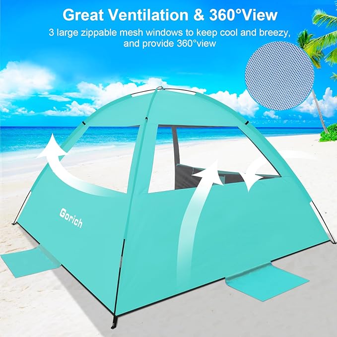 Gorich Beach Tent Sun Shelter for 3/4/6/8/10 Person with UPF 50＋ UV Protection, Lightweight & Easy Setup Beach Shade Canopy, Portable Beach Shade Tent Beach Cabana