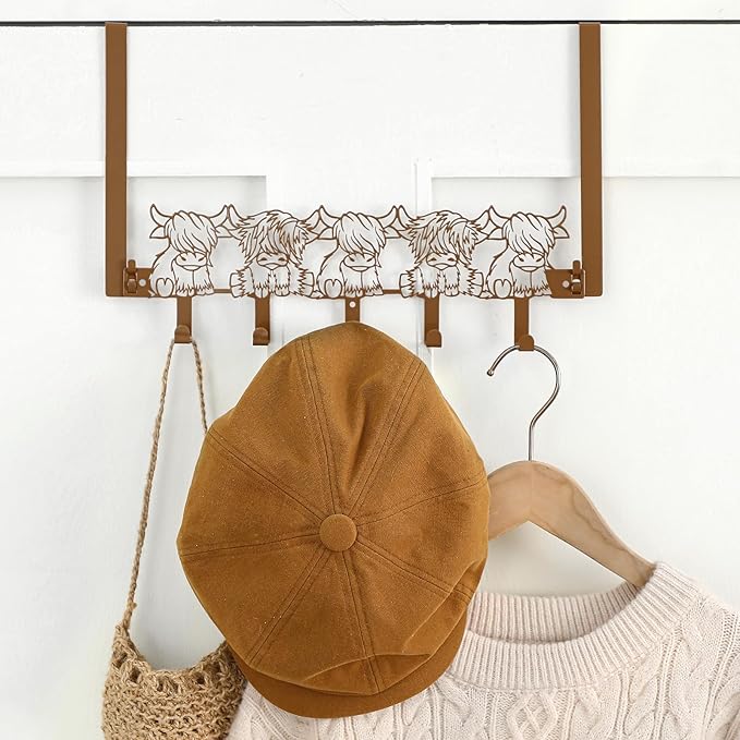 Highland Cow Over The Door Hooks Hanger Wall Mount Towel Hanger Door Holder Organizer 5 Hooks Kawaii Farmhouse Rustic Coquettish Style Decor for Bedroom Bathroom Towel Hat Clothes