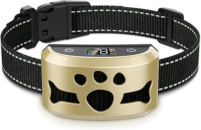 Dog Bark Collar, Rechargeable Anti Barking Training Collar for Large Medium Small Dogs, No-Bark Collars Device with Beep Vibration, Adjustable Sensitivity and IP67 Waterproof Barking Device, Gold