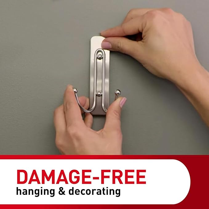 Command Large Double Bathroom Wall Hook, Damage-Free Hanging with Adhesive Strip, Great for Hanging Bath Towels, 1 Satin Nickel Wall Hook and 1 Water-Resistant Strip, Holds up to 4 lb