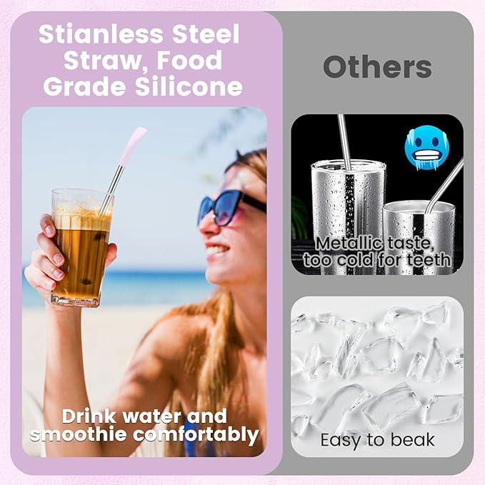 OUTXE しわ防止ストロー 6本セット、Stanleyカップ 40オンス 30オンス用、平らで幅広のドリンクストロー、再利用可能なしわになりにくい長尺ステンレス製リップストロー、クリーニングブラシとキャリングバッグ付き