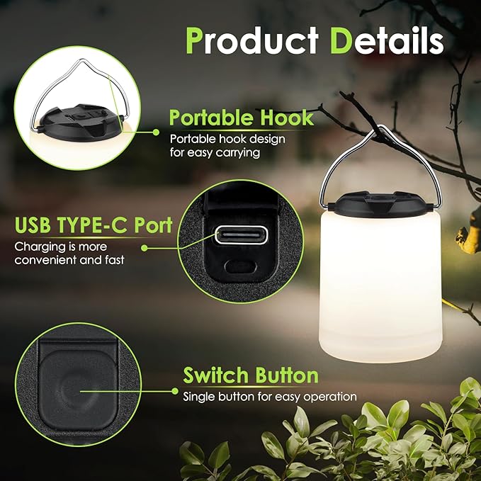 LEDキャンプランタン、充電式キャンプライト、4モード屋外懐中電灯ランタン 1000LM、防水ポータブル非常用キャンプライト ハリケーンハイキングサバイバルキット用 - ブラック