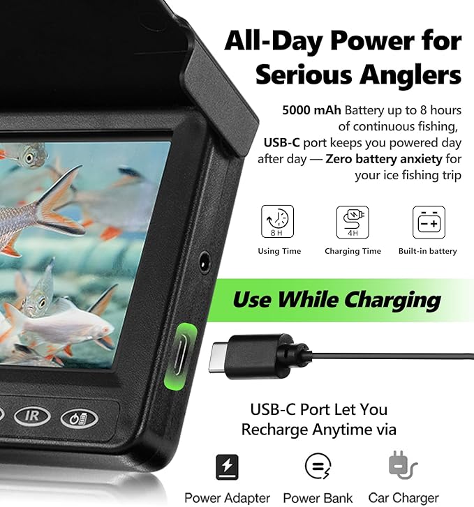 [FishPRO® 2026 アップグレード] 水中釣りカメラ 4.3インチ [2017年以来の実績] アイスフィッシングカメラ 1000 TVL 65フィート磁気スプール、IR、USB-C、5000mAh、氷上湖ボートカヤック釣り用ポータブル魚群探知機