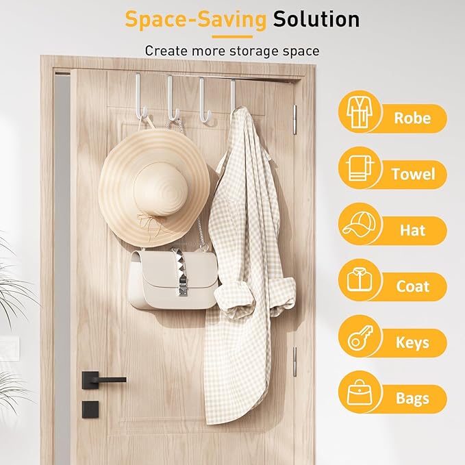 8 Pack Over The Door Hooks, Door Hanger Hook, Towel Hooks for Hanging, Towel Hanger for Bathroom, Fit 1 3/8" Door White, Dorm Room Essentials