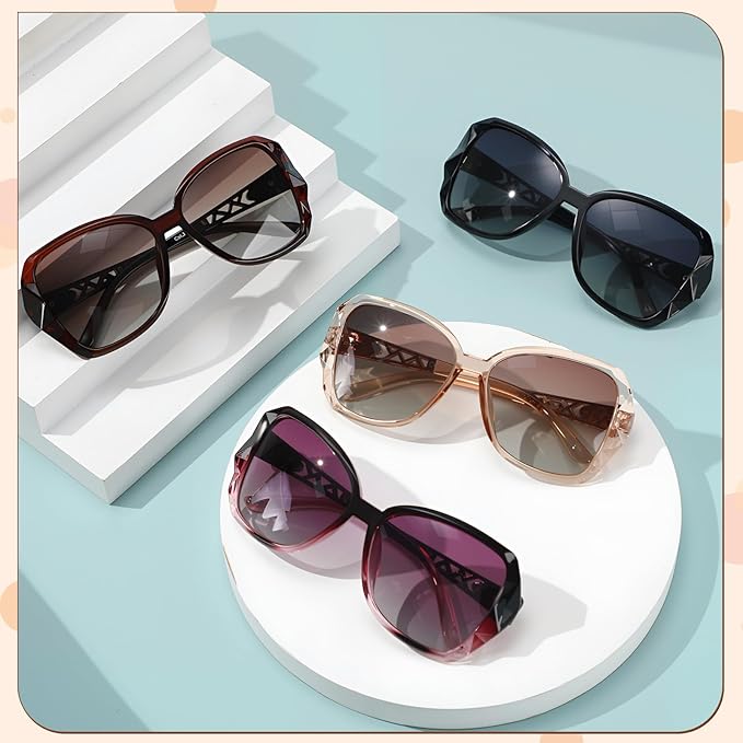 DragonflyDreams 4 Pcs Women Large Sunglasses, UV 400 Glasses Oversized Classic Trend Ladies Sunglasses Sparkling Large Frame