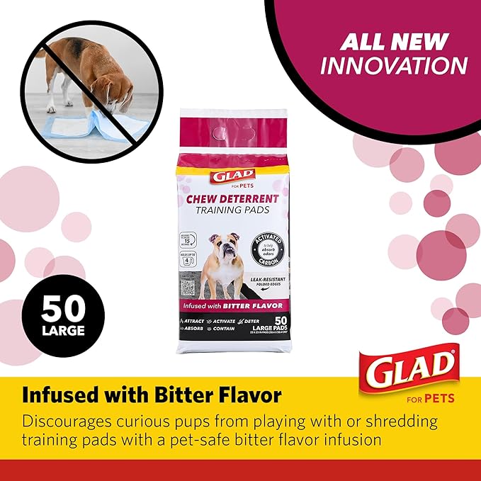 Glad for Pets Activated Carbon Puppy Training Pads with Chew Deterrent and Attractant, Odor Control, 23 x 23 Inch Disposable Dog Pee Pads, 6-Layer Leak-Resistant Potty Pads, 50 Count