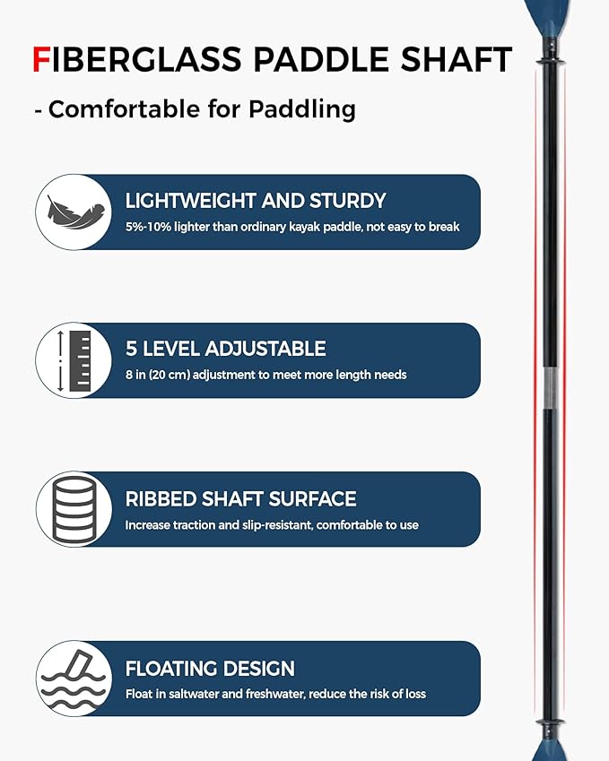 Angler Kayak Paddle with Fiberglass Shaft and Plastic Blade, Adjustable Fihsing Kayak Oar, 86-94" (220-240 cm), 94-102" (240-260 cm), 102-110" (260-280 cm)