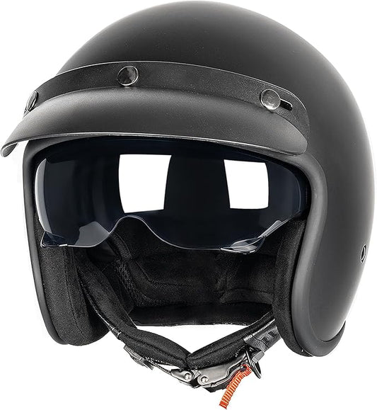 Yesmotor 3/4 Open Face Retro Motorcycle Helmet Vintage Helmet for Motorbike Casco, Moped, Cruiser, Bobber, and Chopper - DOT Approved（Matte Black,M）