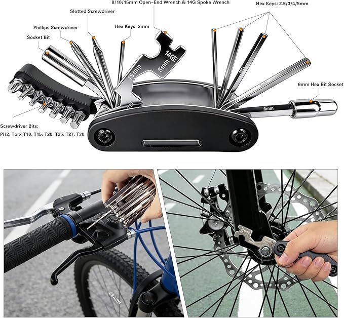 16-in-1 Bike Multi Tool Kit, Compact Portable Bicycle Repair Kit with Hex Keys, Screwdrivers, Socket Wrench & Tire Levers, for Emergency Fixes On The Go, MTB, Road Bike Maintenance