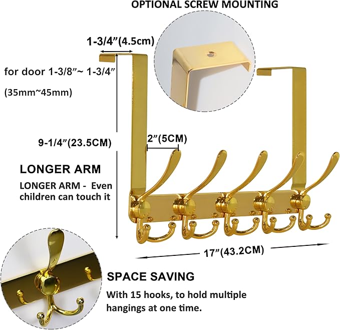 Dseap Over The Door Hook Hanger - Fits 1 3/8" to 1 3/4" Standard Doors | 5 Tri Hooks Heavy Duty Towel/Coat Rack | Door Organizer for Clothes, Jackets, Hats, Towels, Gold, Pack of 2