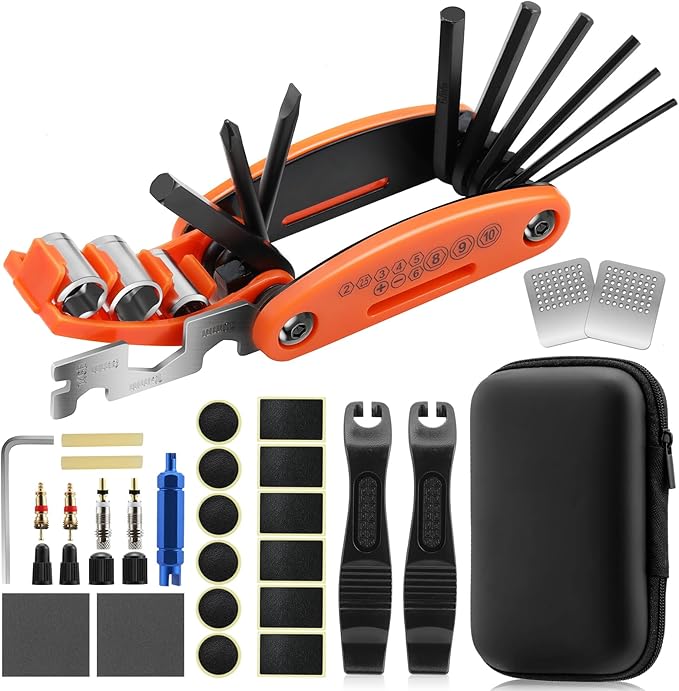 Bike Repair Kit - 16-in-1 Bike Multitool, Portable Bicycle Tools with Tire Patch Kit for Mountain Road Bikes Camping Travel (US)