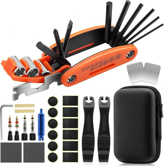 Bike Repair Kit - 16-in-1 Bike Multitool, Portable Bicycle Tools with Tire Patch Kit for Mountain Road Bikes Camping Travel (US)