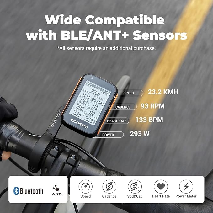 COOSPO Bike Computer Wireless GPS, Bike Speedometer with Auto Backlight, Bluetooth ANT Cycling GPS Computer, Bicycle Computer BC200 with Waterproof, Compatible with CooSporide app