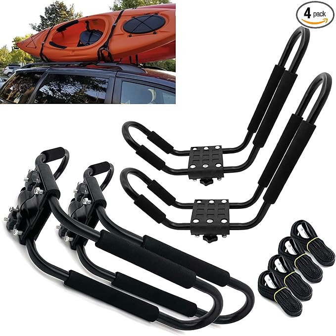 Taelakeni 2 Pairs Kayak Carrier Racks, Universal Cars Kayak Roof J Bar Rack (4 Racks)