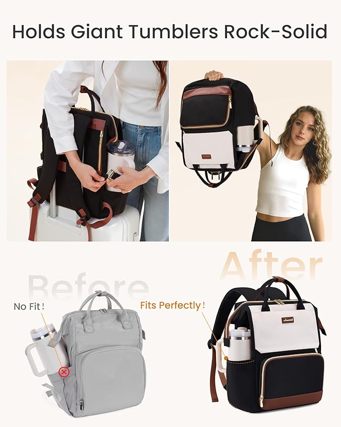 LOVEVOOK Laptop Backpack for Women with Giant Tumbler Holder Pocket, 17 inch Travel Work Backpack Purse for Nurse Teacher, Waterproof School Bag College Bookbag Cute Casual Daypack for Girls Black